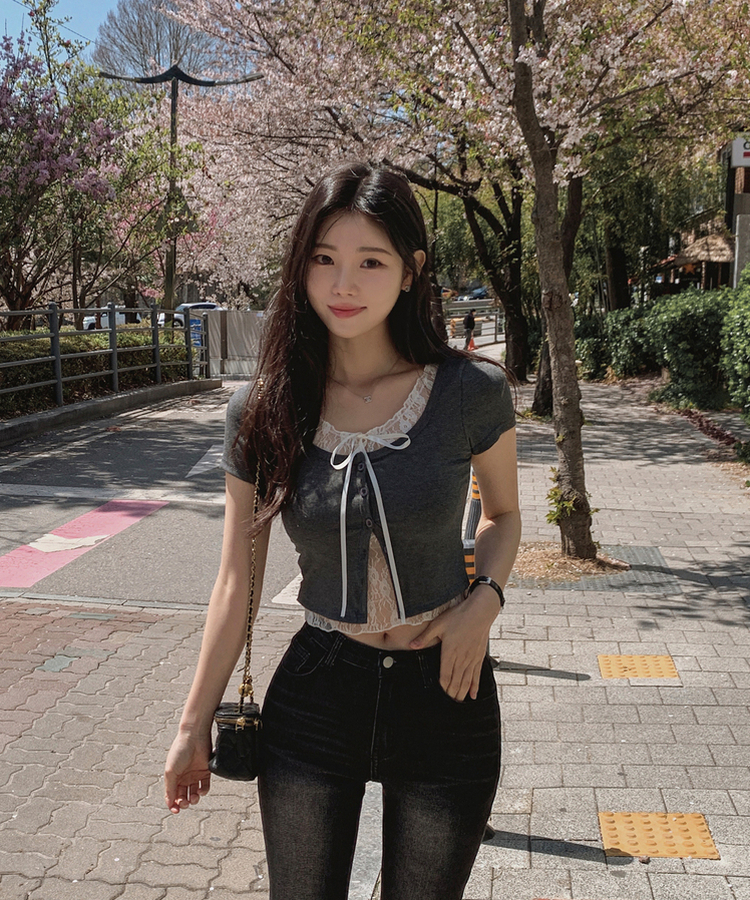 レースレイヤードリボン半袖Tシャツ GREY