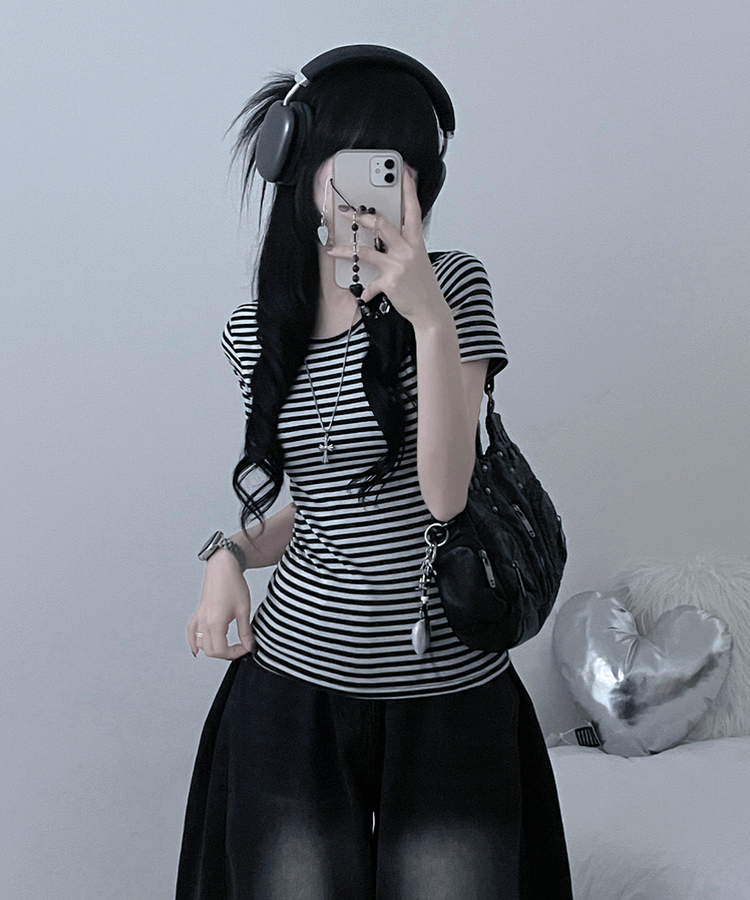 ストライプラウンドスリム半袖Tシャツ BLACK