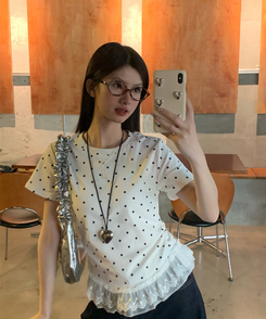 半袖Tシャツ ドットフリルラウンド半袖Tシャツ IVORY