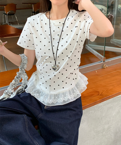 半袖Tシャツ ドットフリルラウンド半袖Tシャツ IVORY