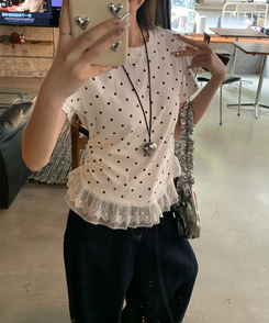 半袖Tシャツ ドットフリルラウンド半袖Tシャツ IVORY