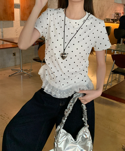 半袖Tシャツ ドットフリルラウンド半袖Tシャツ IVORY