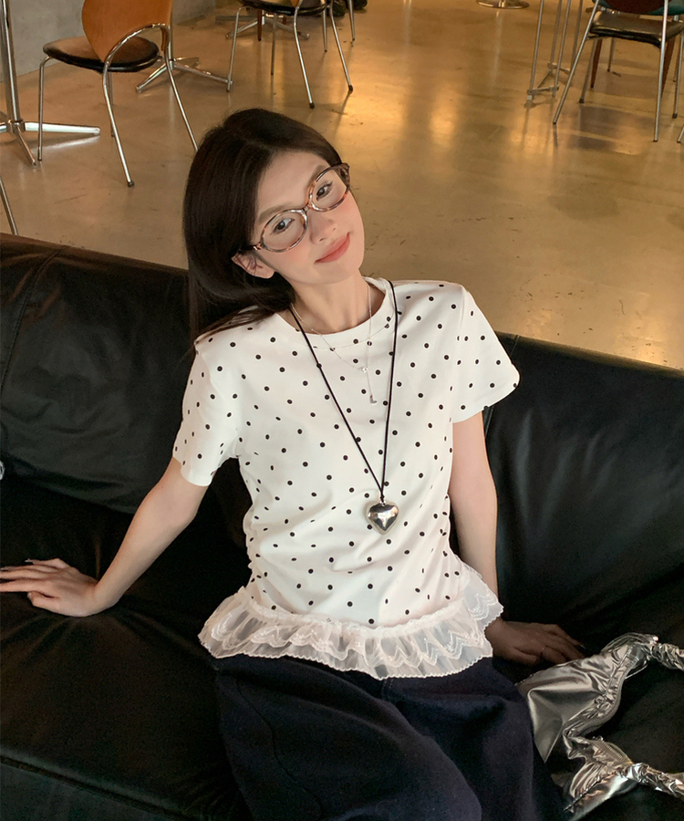 ドットフリルラウンド半袖Tシャツ IVORY