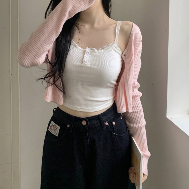 비누 러블리 레이스 단추 캡내장 골지 이너 크롭 나시 화이트