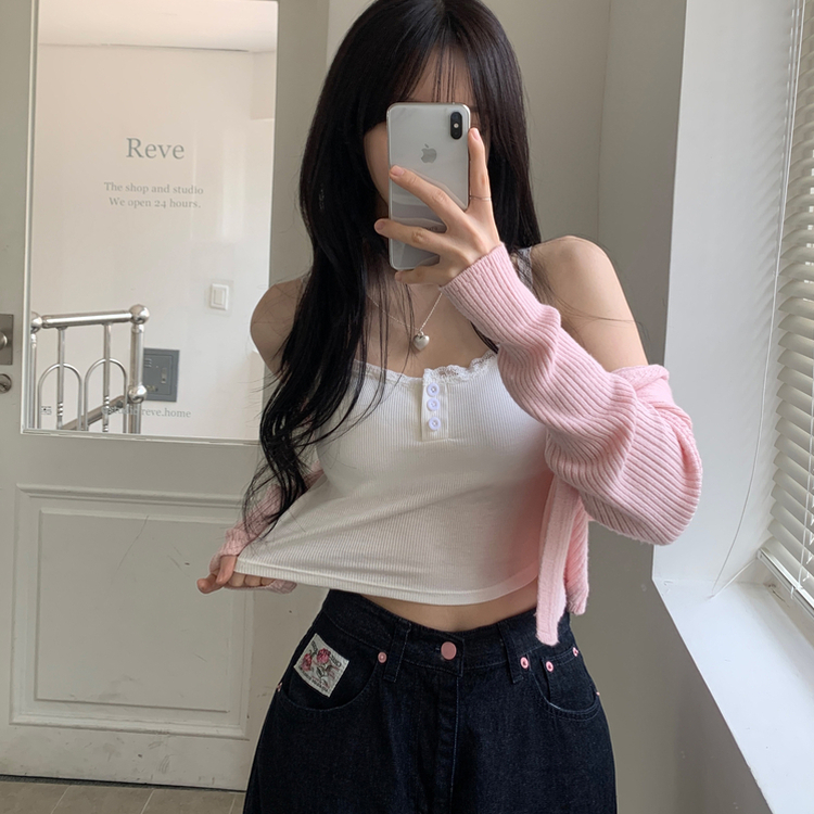 비누 러블리 레이스 단추 캡내장 골지 이너 크롭 나시 화이트