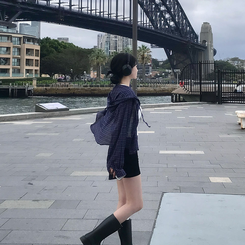 シャツ サマーフードチェックシャツ NAVY