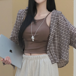 シャツ サマーフードチェックシャツ BROWN