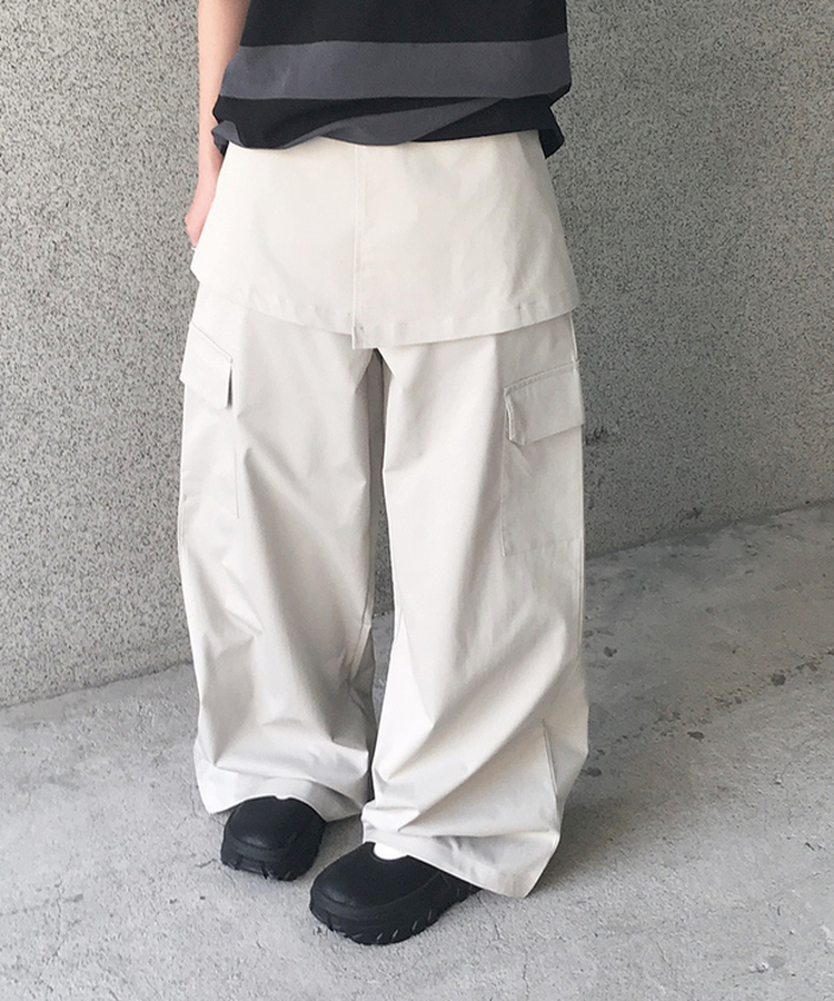 レイヤードカーゴワイドスカートパンツ｜コットンパンツ｜韓国