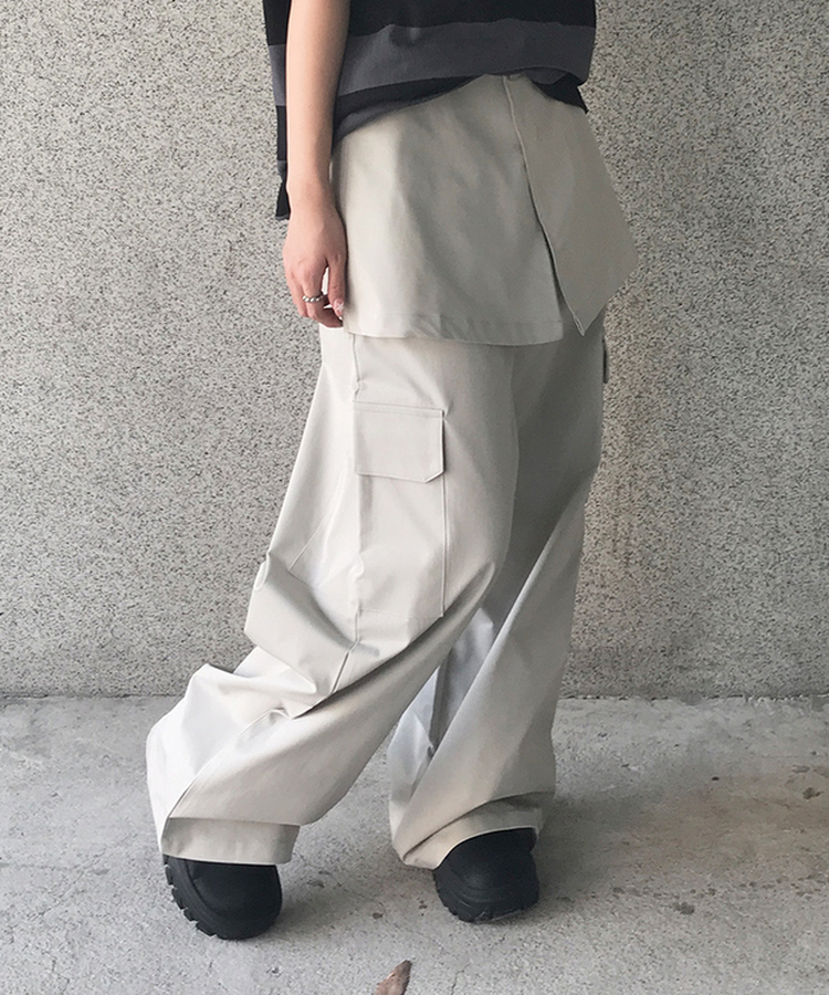 レイヤードカーゴワイドスカートパンツ｜コットンパンツ｜韓国