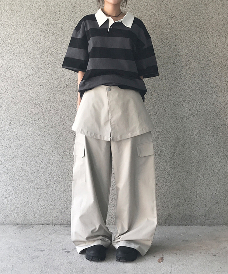 レイヤードカーゴワイドスカートパンツ｜コットンパンツ｜韓国