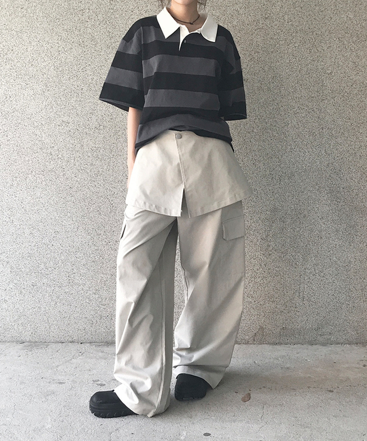 レイヤードカーゴワイドスカートパンツ｜コットンパンツ｜韓国