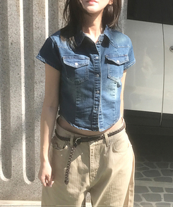 スリットデニムクロップ半袖シャツ DEEP BLUE