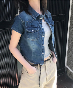 スリットデニムクロップ半袖シャツ DEEP BLUE