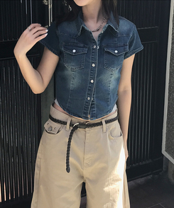 スリットデニムクロップ半袖シャツ DEEP BLUE