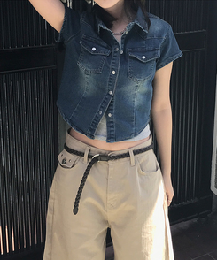 スリットデニムクロップ半袖シャツ DEEP BLUE