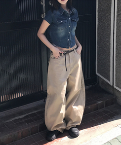 スリットデニムクロップ半袖シャツ DEEP BLUE