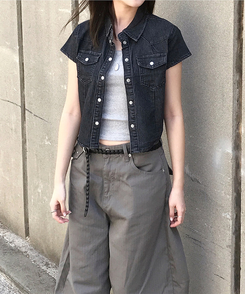 スリットデニムクロップ半袖シャツ BLACK