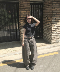 スリットデニムクロップ半袖シャツ BLACK