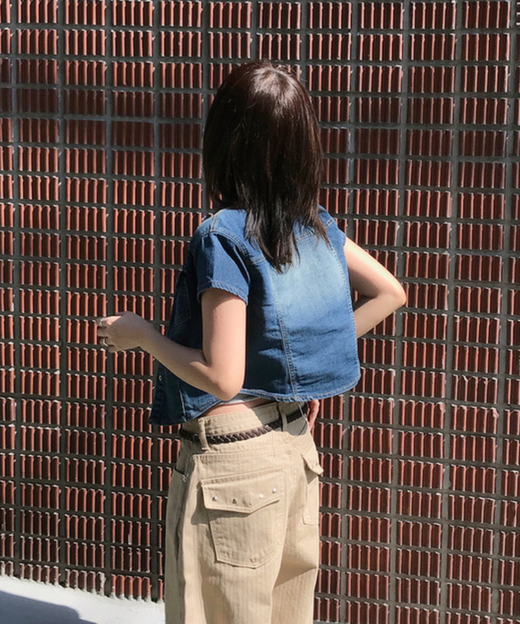 スリットデニムクロップ半袖シャツ DEEP BLUE