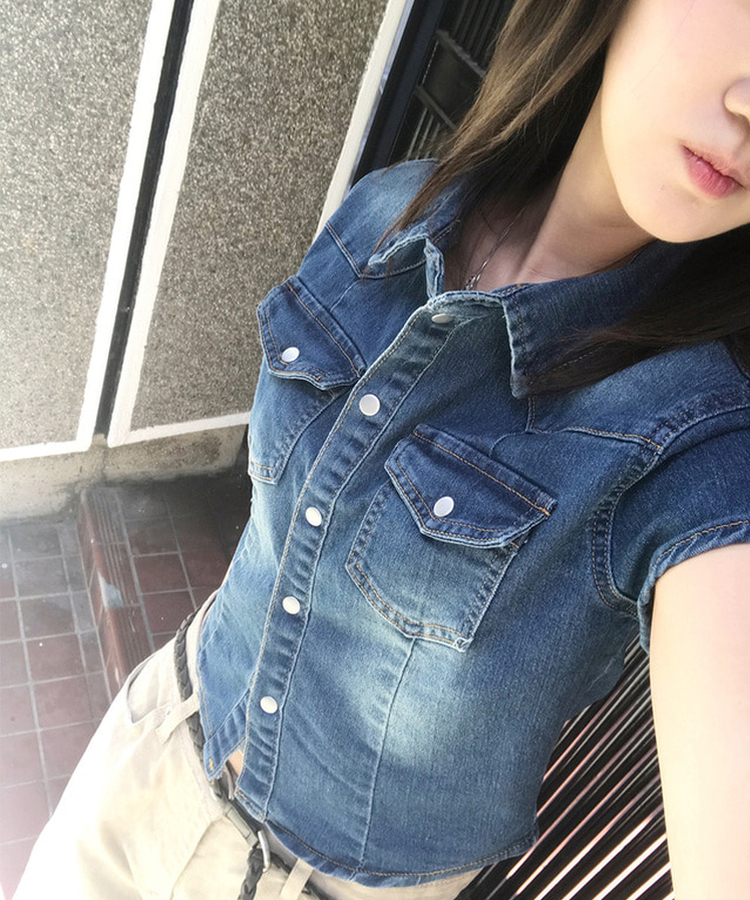 スリットデニムクロップ半袖シャツ DEEP BLUE
