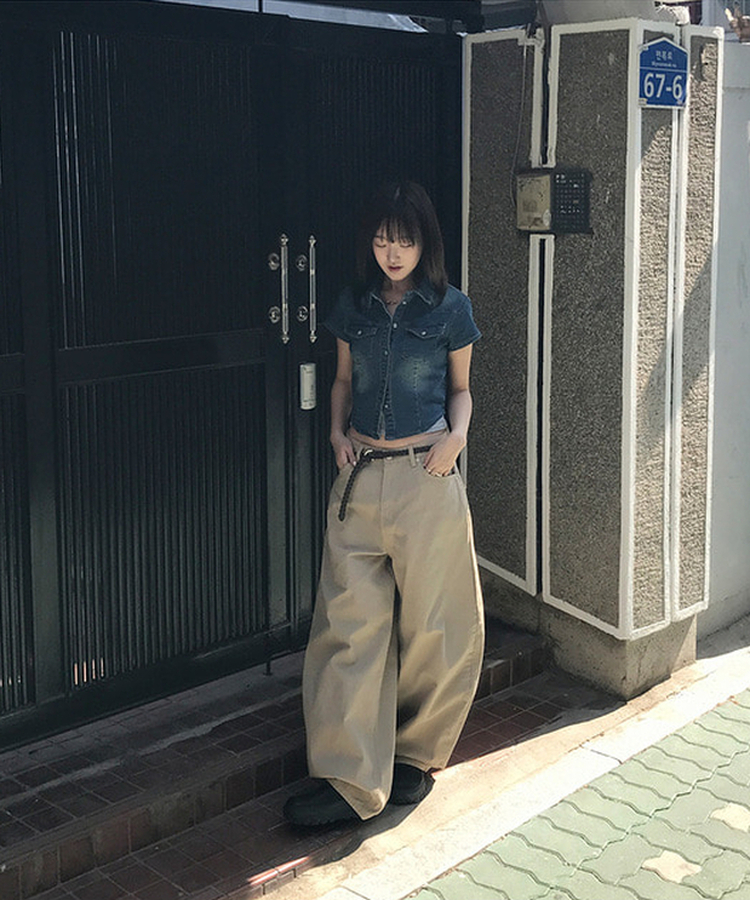 スリットデニムクロップ半袖シャツ DEEP BLUE