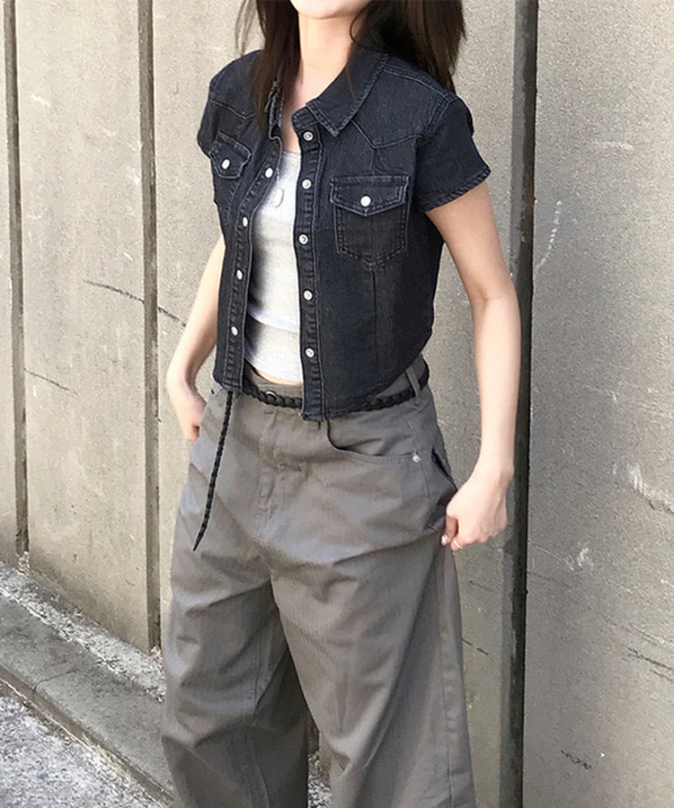 スリットデニムクロップ半袖シャツ BLACK