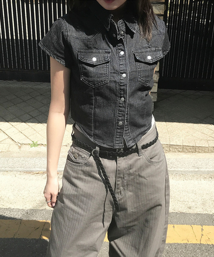 スリットデニムクロップ半袖シャツ BLACK