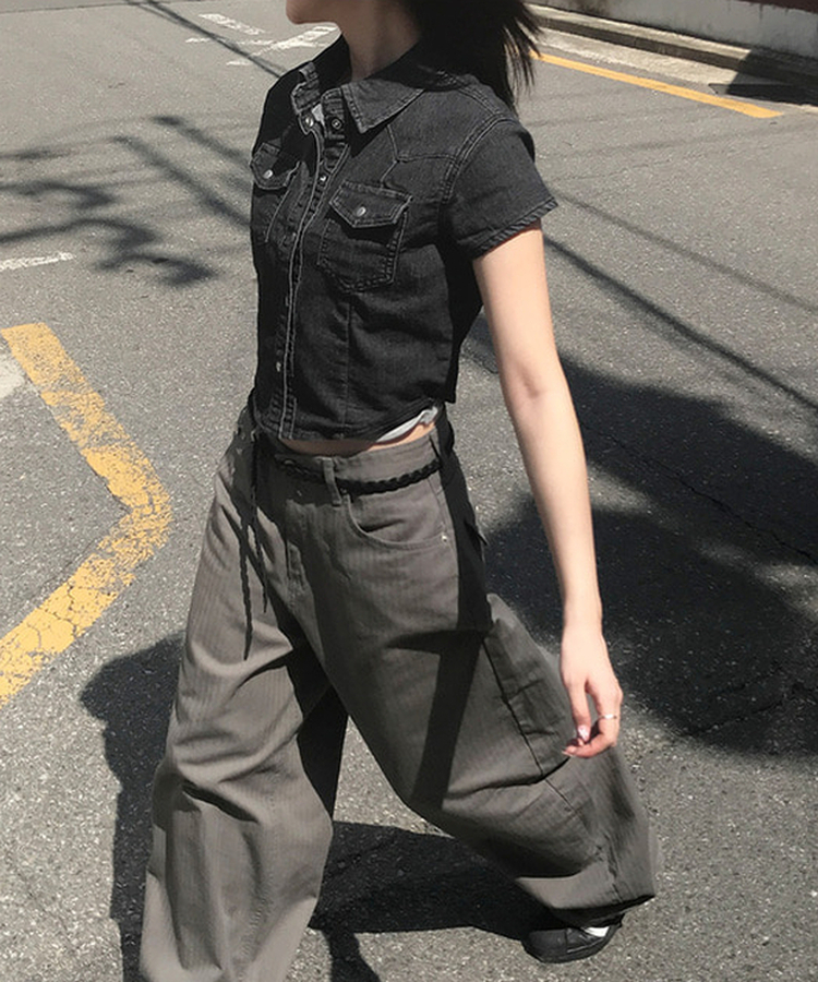 スリットデニムクロップ半袖シャツ BLACK