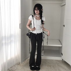 コットンパンツ サイドリボンシャーリングスカートパンツ GREY