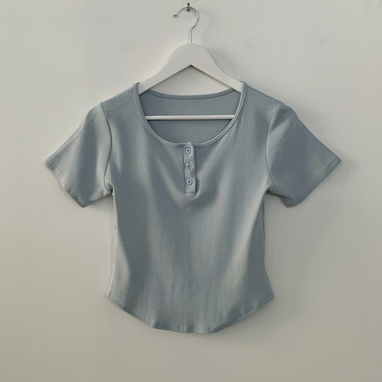 [인생여리핏] 썸머 버튼 라운드넥 슬림핏 크롭 여름 밑단굴림 반팔티셔츠