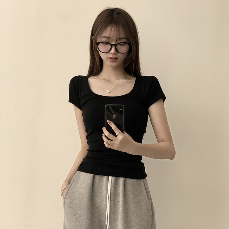 セミクロップ半袖Tシャツ(6color) BLACK