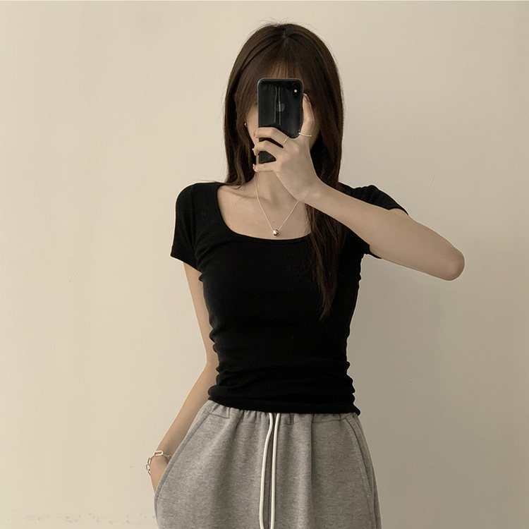 セミクロップ半袖Tシャツ(6color) BLACK