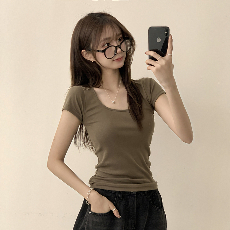 セミクロップ半袖Tシャツ(6color) KHAKI