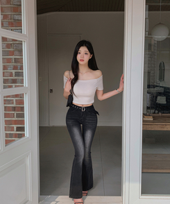 デニム ブーツカットスリムウォッシングデニムパンツ BLACK DENIM