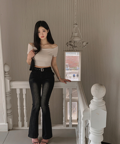 デニム ブーツカットスリムウォッシングデニムパンツ BLACK DENIM