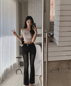 デニム ブーツカットスリムウォッシングデニムパンツ BLACK DENIM