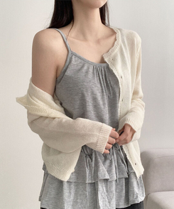 [파스텔무드/여리여리] 포케 라운드넥 프릴 버튼 파스텔톤 세미크롭 레이어드 가디건 아이보리