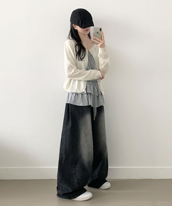 [파스텔무드/여리여리] 포케 라운드넥 프릴 버튼 파스텔톤 세미크롭 레이어드 가디건 아이보리