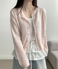 [파스텔무드/여리여리] 포케 라운드넥 프릴 버튼 파스텔톤 세미크롭 레이어드 가디건 연핑크