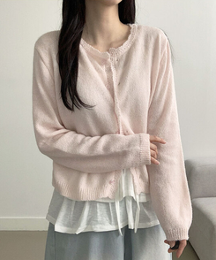 [파스텔무드/여리여리] 포케 라운드넥 프릴 버튼 파스텔톤 세미크롭 레이어드 가디건 연핑크
