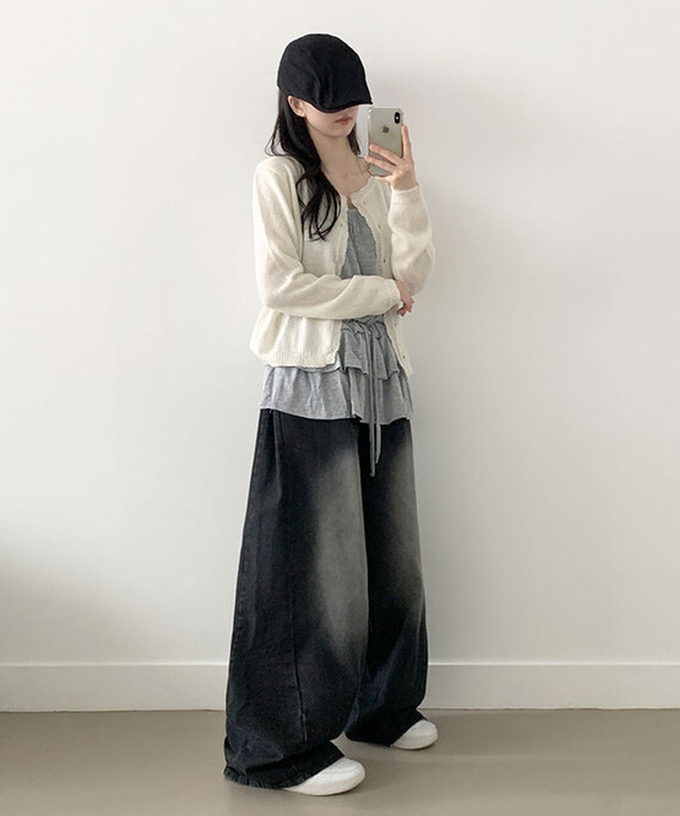 [파스텔무드/여리여리] 포케 라운드넥 프릴 버튼 파스텔톤 세미크롭 레이어드 가디건 아이보리