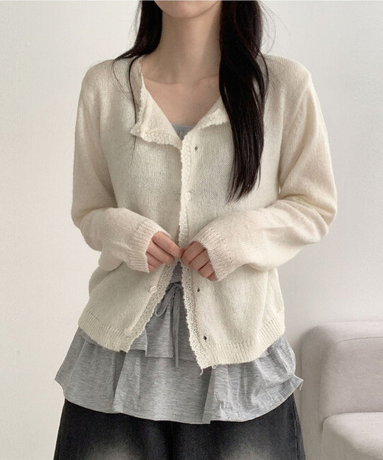 [파스텔무드/여리여리] 포케 라운드넥 프릴 버튼 파스텔톤 세미크롭 레이어드 가디건 아이보리