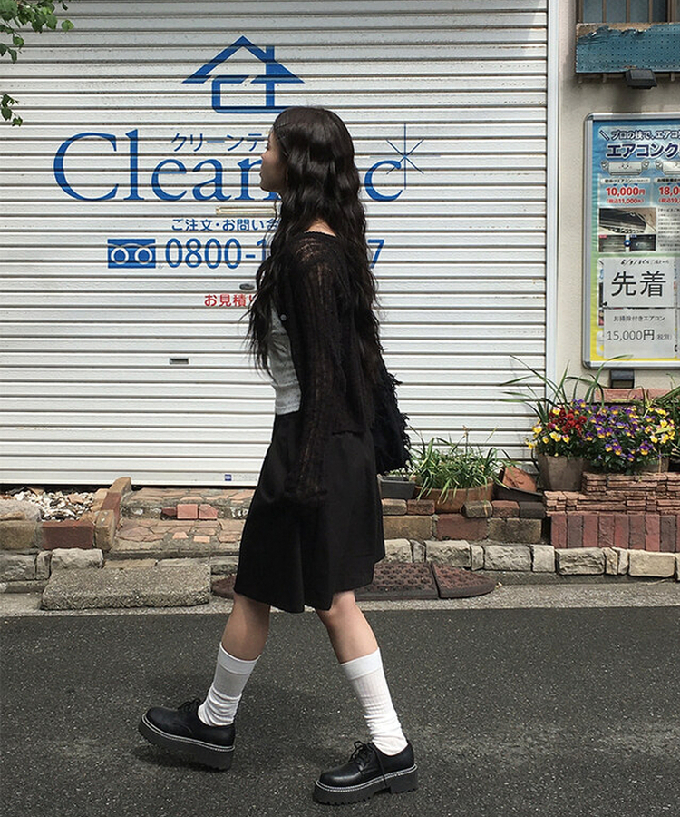 ラウンド長袖カーディガン BLACK
