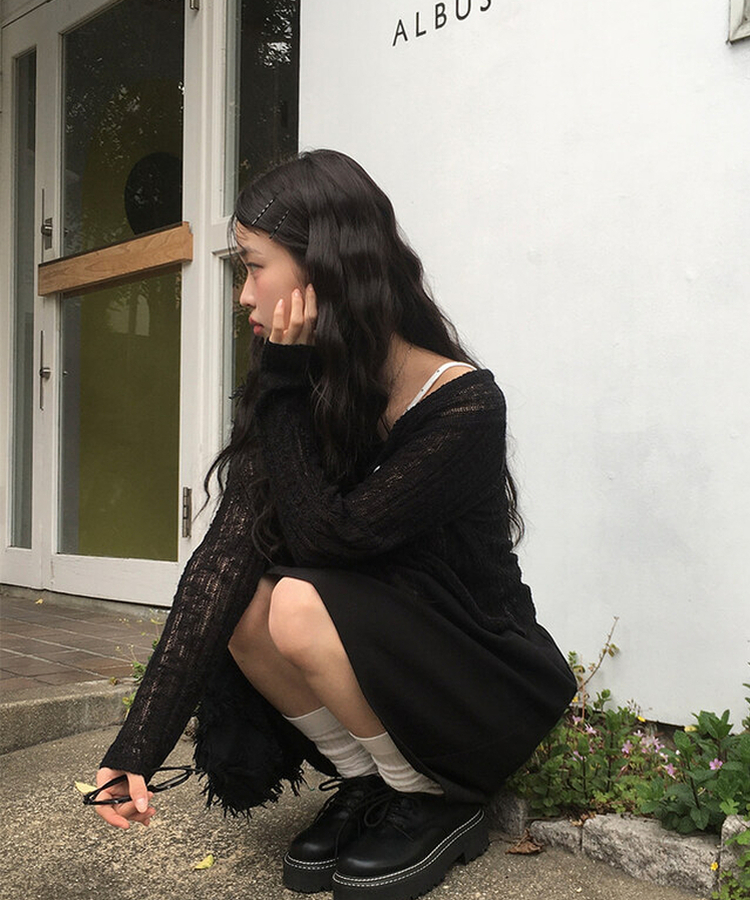 ラウンド長袖カーディガン BLACK