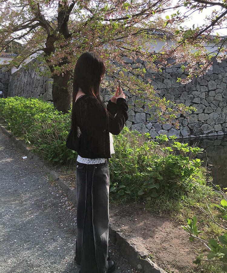 ラウンド長袖カーディガン BLACK