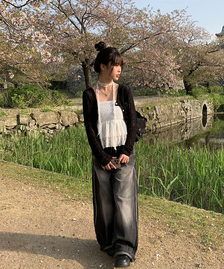 ラウンド長袖カーディガン BLACK