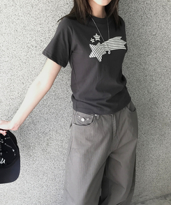 半袖Tシャツ ストライプスターセミクロップ半袖Tシャツ CHARCOAL
