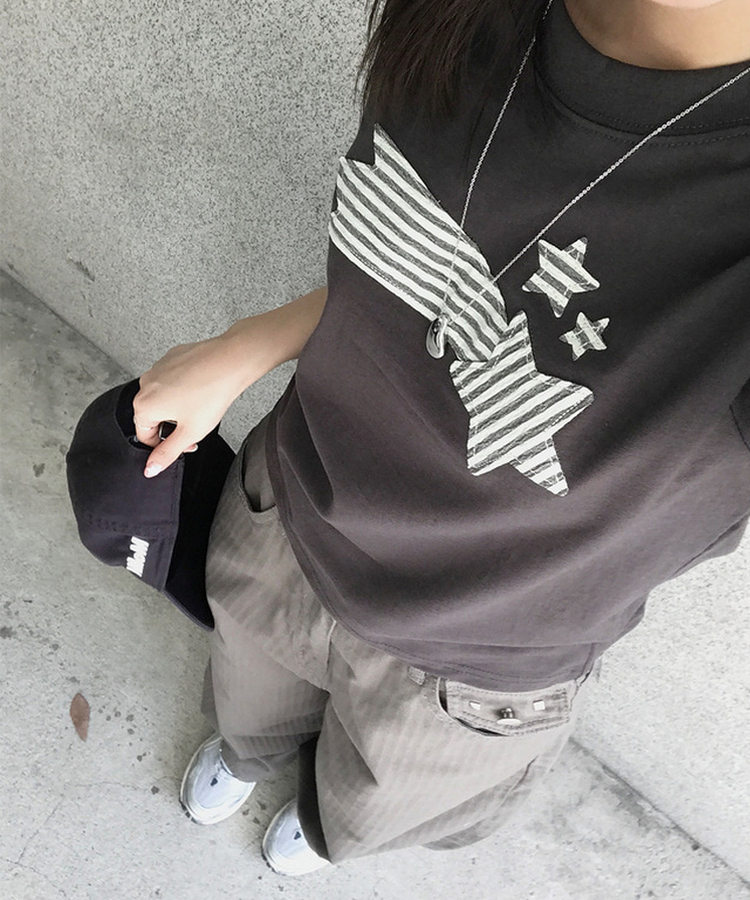 ストライプスターセミクロップ半袖Tシャツ CHARCOAL