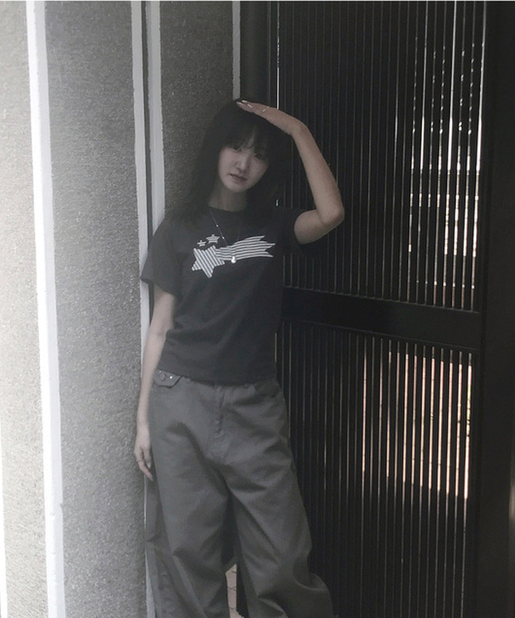 ストライプスターセミクロップ半袖Tシャツ CHARCOAL