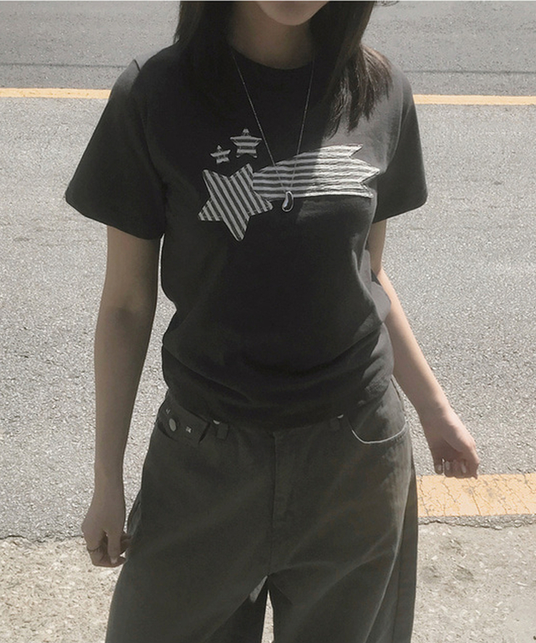 ストライプスターセミクロップ半袖Tシャツ CHARCOAL